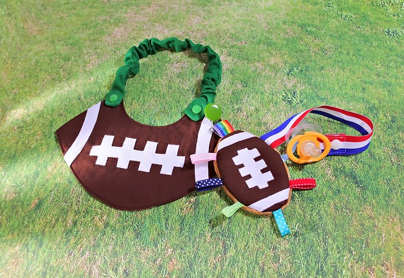 橄欖球造型圍兜套組 彌月禮物 - 滿月禮物 - 棉．麻 