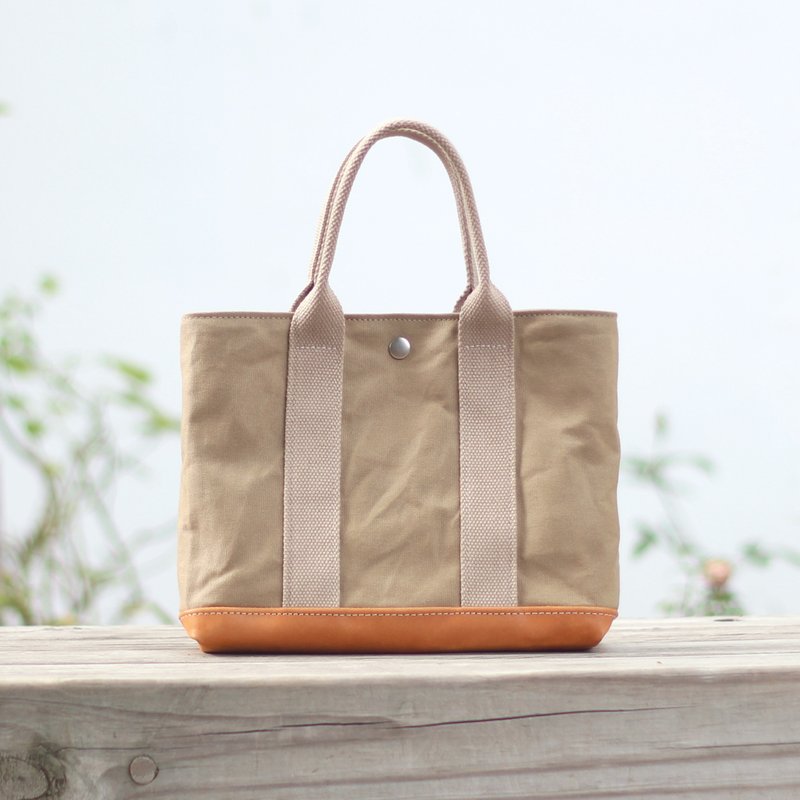 Double webbing leather 2-way bag/Japanese canvas- Khaki - กระเป๋าถือ - ผ้าฝ้าย/ผ้าลินิน สีกากี