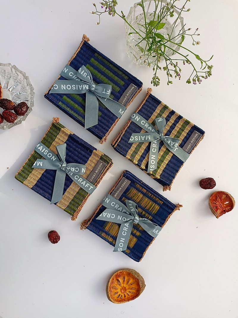 Set 8 Blue Green glass coaster Housewarming Gifts, hot pot natural woven trivet - 餐桌布/桌巾/餐墊 - 環保材質 藍色