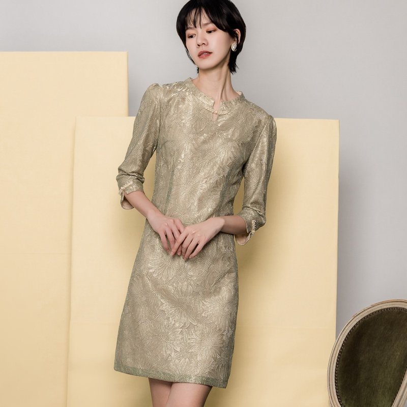 【MEDUSA】金絲緹花中式小盤釦禮服洋裝(M-2L) | 小禮服 媽媽禮服 - 禮服/小禮服 - 尼龍 綠色