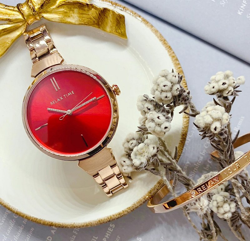 RELAX TIME Shine Series Shine Series (RT-68-11) Rose Gold x Red Gift Bracelet - นาฬิกาผู้หญิง - สแตนเลส สีแดง
