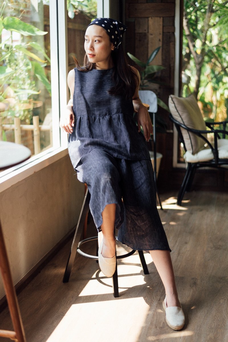 Good Mood Set (Top & Pants) - Navy stripe - 女上衣/長袖上衣 - 棉．麻 藍色