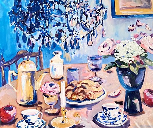 Gala Afternoon tea time, Oil painting on canvas, Food and drinks, Chandelier, Fauvism