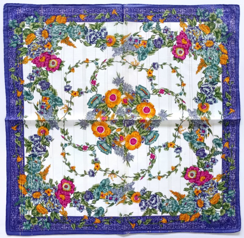 Christian Dior Vintage Handkerchief Floral Botanic Gold Thread 21 x 20.5 inches - 絲巾 - 棉．麻 藍色