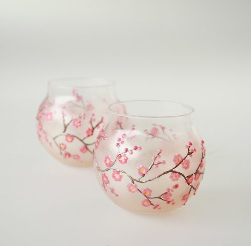 NeA Glass Sakura Cups sake Glasses Shot hand Painted Candleholders