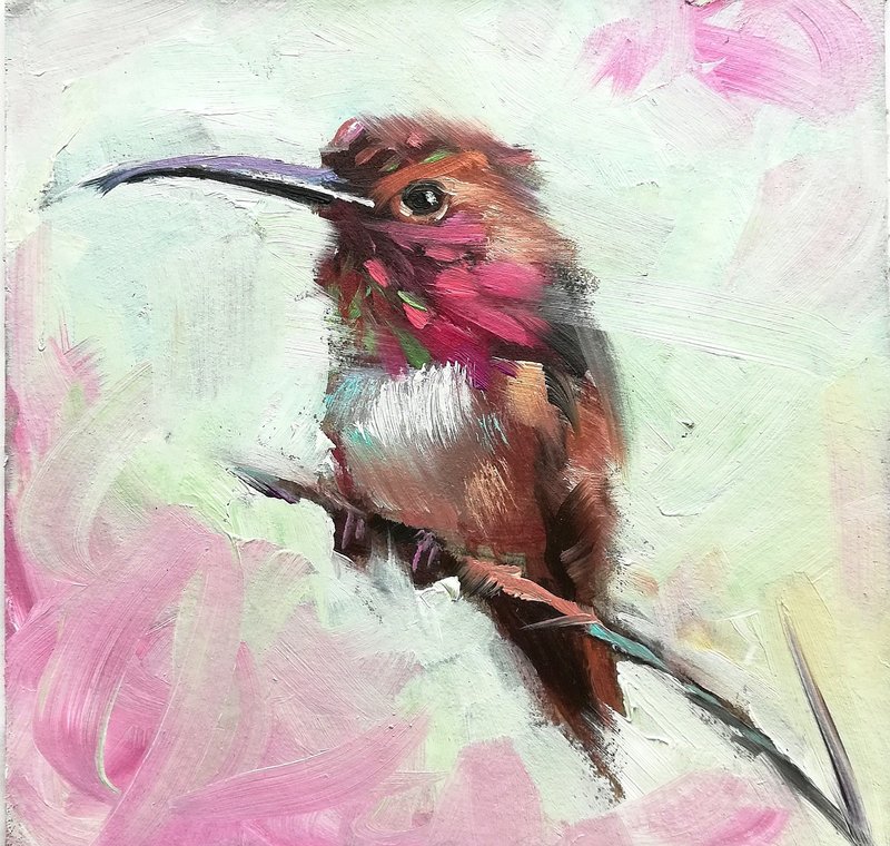 Original Oil Painting Hummingbird Artwork Bird Wall Decor - ตกแต่งผนัง - วัสดุอื่นๆ หลากหลายสี