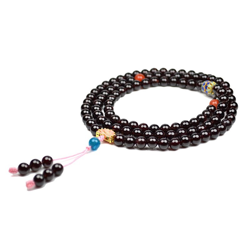 Garnet Wine Garnet 108 Prayer's Bead with South Red Agate and Enamel Beads - สร้อยข้อมือ - เครื่องประดับพลอย สีแดง