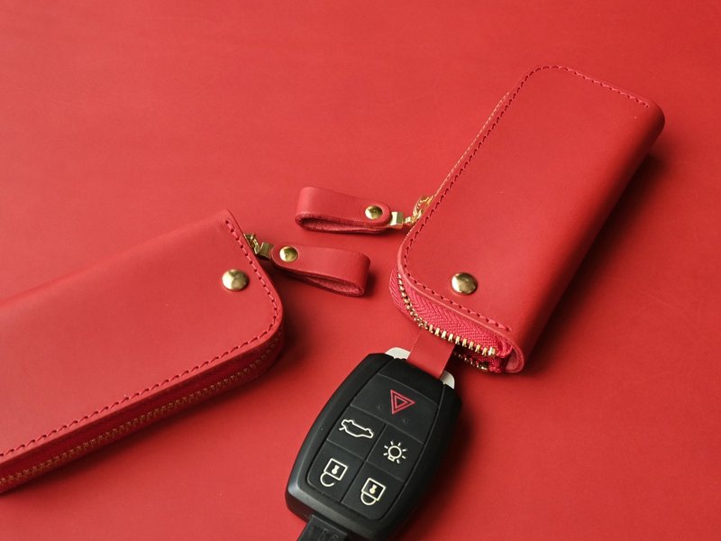 Leather Key Case ( Custom Name ) - Joy Red - ที่ห้อยกุญแจ - หนังแท้ สีแดง