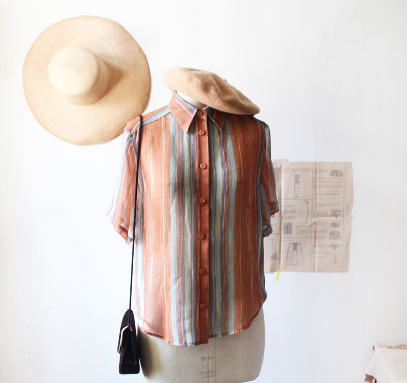 Orange straight striped vintage shirt - เสื้อเชิ้ตผู้หญิง - ไฟเบอร์อื่นๆ สีส้ม