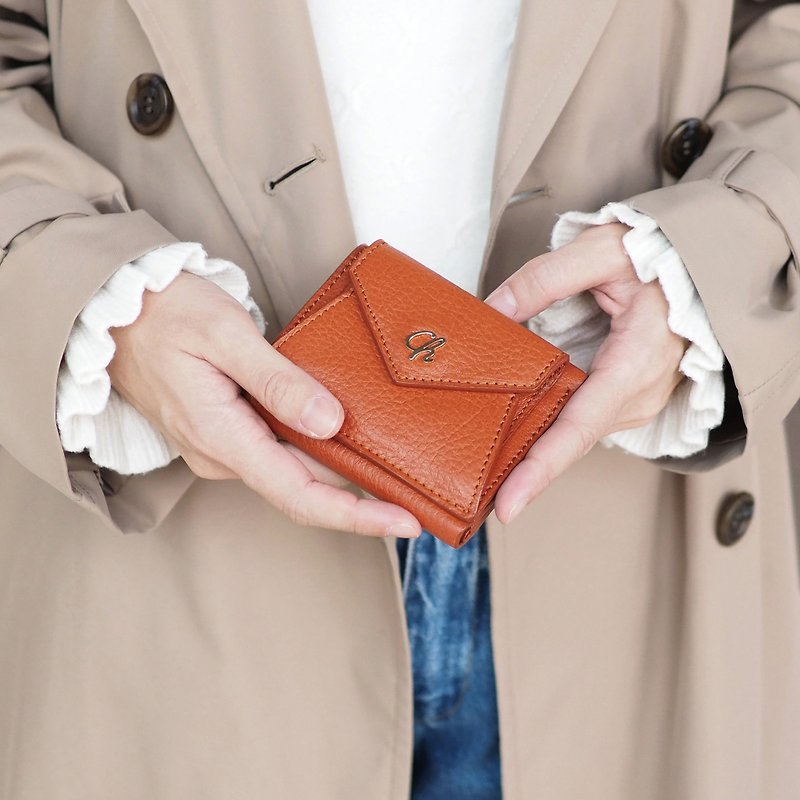 Maily (Mocha) : Tri-fold wallet, short wallet, cow leather, Brown-orange - 長短皮夾/錢包 - 真皮 橘色
