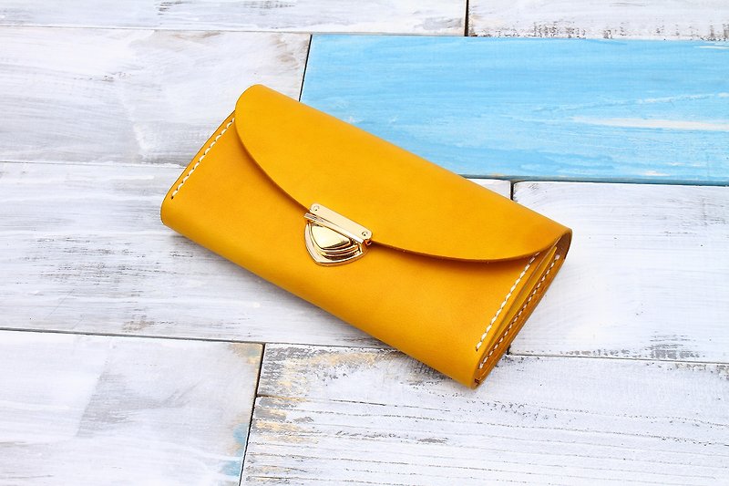[Tangent school] Special leather handmade organ wallet large capacity long clip buckle hand dyed autumn leaves yellow - Wallets - Genuine Leather Yellow