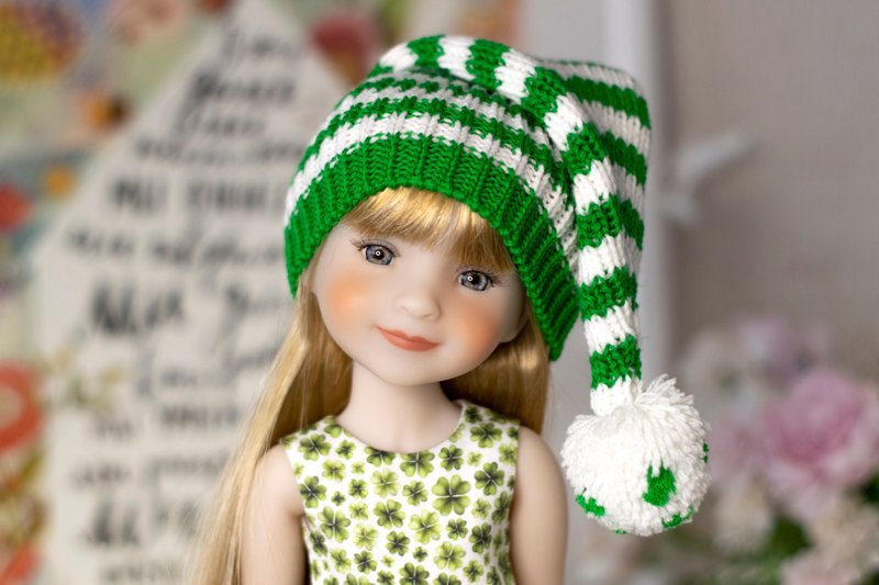 Green striped elf hat for doll Ruby Red Fashion Friends, St. Patrick's Day, 娃娃帽 - 玩偶/公仔 - 羊毛 綠色