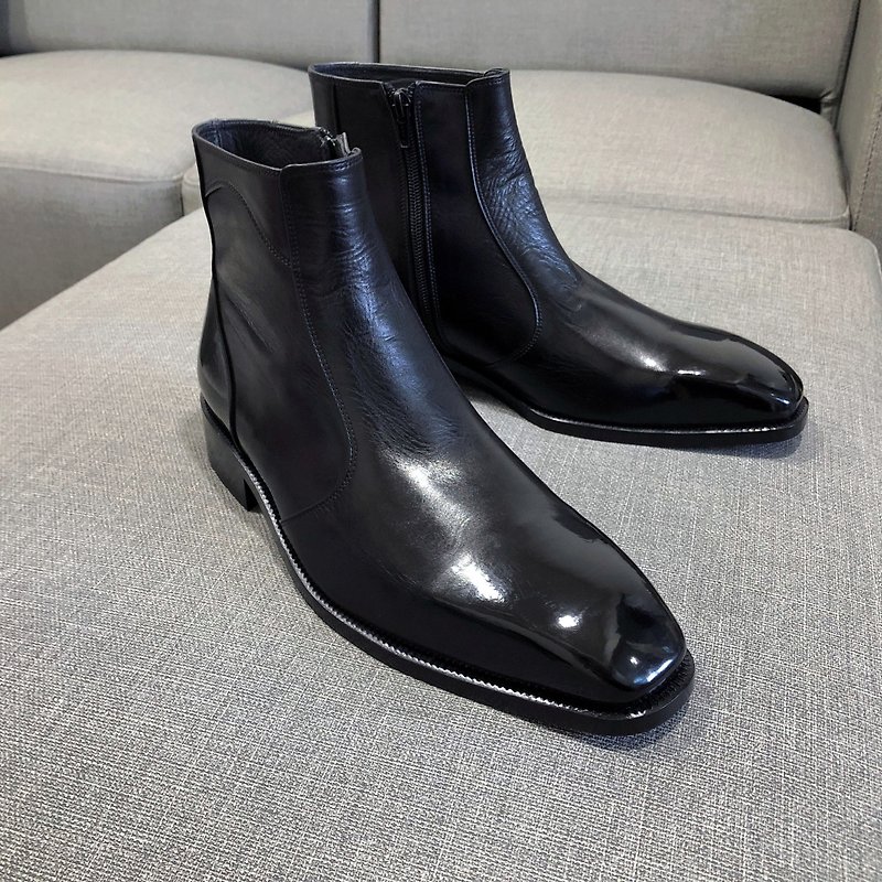 紳士短靴－拉鍊款 皮底鞋 小方頭 - 男靴/短靴 - 真皮 黑色