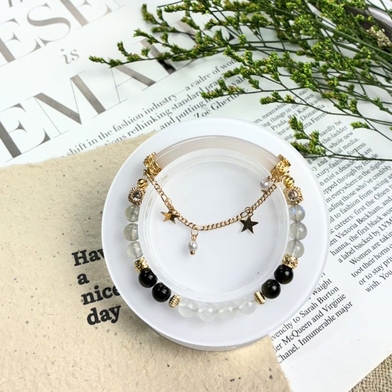 オリジナルデザイン 月影星芒 ハーフバングルクリスタルブレスレット グレーラブラドライト ゴールデンオブシディアン メノウ ホワイトクォーツ - ブレスレット - クリスタル 透明