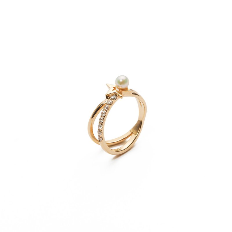 Slanted Star Ring 925 Silver Thick Plated 18K Gold Stella Pearl Ring - แหวนทั่วไป - ไข่มุก สีทอง