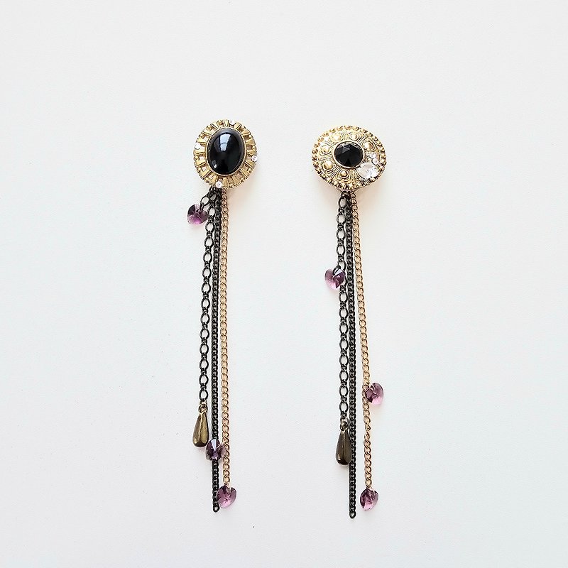 lJapan handmade long earring, gold chain earring, flower drop earring, gift - Earrings & Clip-ons - Other Materials Black