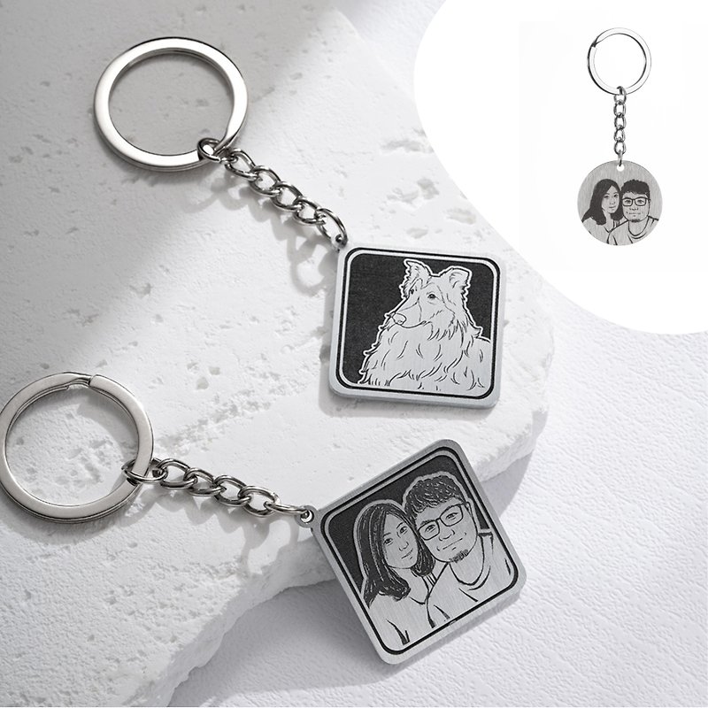 Titanium steel hand-painted three-dimensional customized portrait pet outline key ring pendant - Keychains - Stainless Steel 