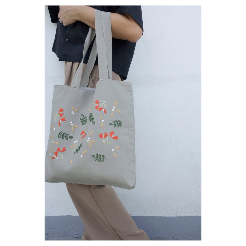 Embroidery | Linen | Gray shoulder bag - 其他 - 棉．麻 灰色