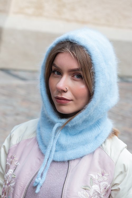 GemKnitDesign Angora knitted blue hood