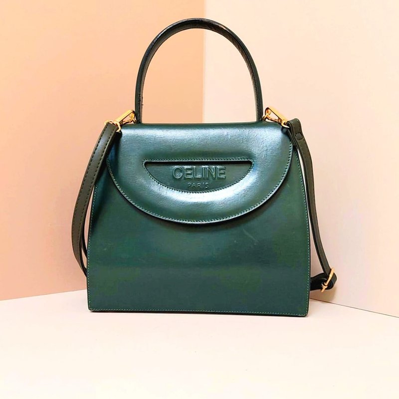 Rare second-hand Celine small olive green half-moon Kelly leather shoulder side cross-body backpack handbag - Messenger Bags & Sling Bags - Genuine Leather Green