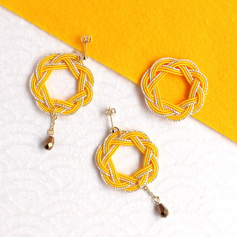 japanese style pierce earring / mizuhiki / japan / accessory / circle / kawaii - 耳環/耳夾 - 絲．絹 黃色