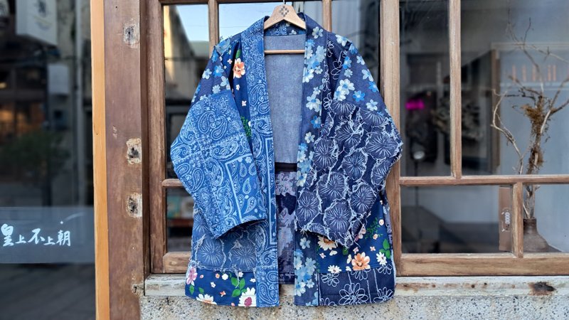 AMIN'S SHINY WORLD Denim's presence splicing jacquard KIMONO ONLY series - เสื้อโค้ทผู้ชาย - ผ้าฝ้าย/ผ้าลินิน หลากหลายสี