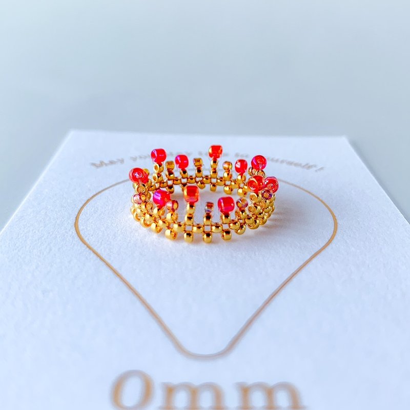 Crown ring made of colored glass and real gold-plated beads [pink] - General Rings - Glass Red