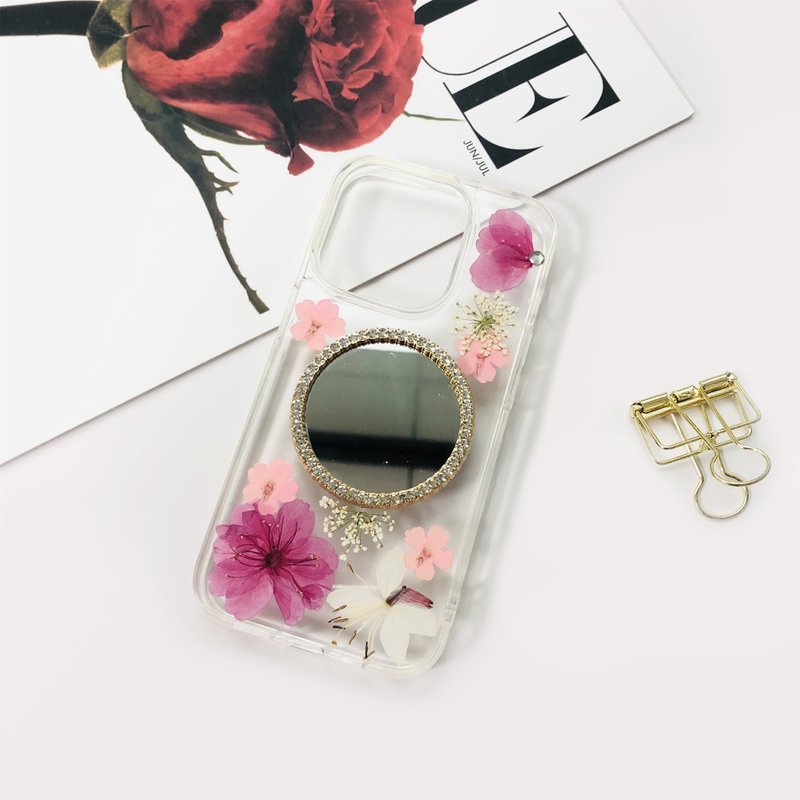 Natural Pink White Pressed Flower Mirror Phone Case for iPhone 16 Samsung S24 Go - เคส/ซองมือถือ - พืช/ดอกไม้ 