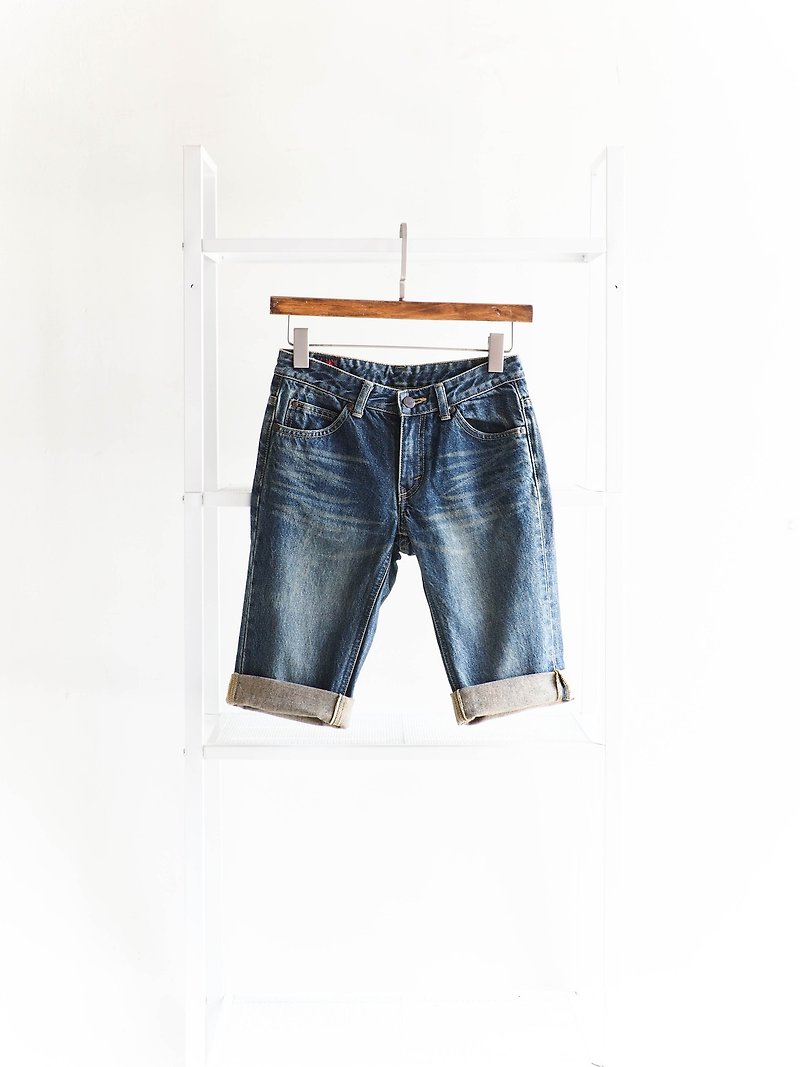 Lee / W26 Dull Midday and Refreshment Cotton Denim Antique Straight Shorts - กางเกงขาสั้น - ผ้าฝ้าย/ผ้าลินิน สีน้ำเงิน