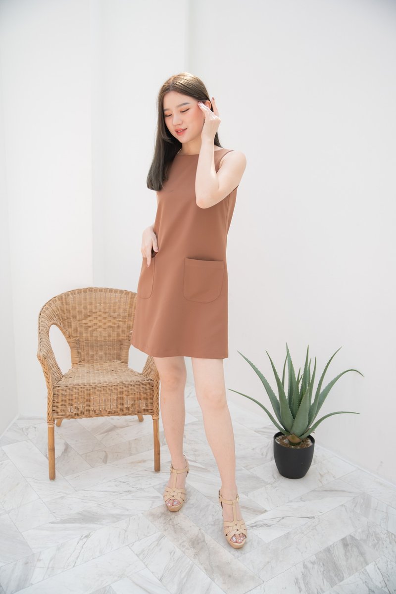 Brown Office Casual Look Dress A Line Pocket Party Dress Summer Style Loose - 洋裝/連身裙 - 聚酯纖維 咖啡色
