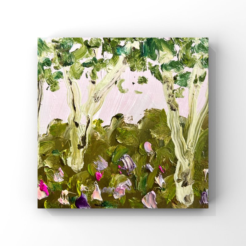 Birch Painting Original Art Small Birch Tree Oil Painting Flowers Wildflower Art - 海報/掛畫/掛布 - 其他材質 卡其色