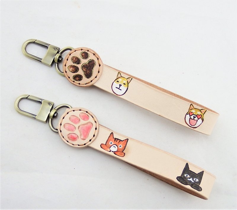 Key ring charm vegetable tanned leather hand-made ㄚ cat ㄚ dog meat ball - ที่ห้อยกุญแจ - หนังแท้ สีนำ้ตาล