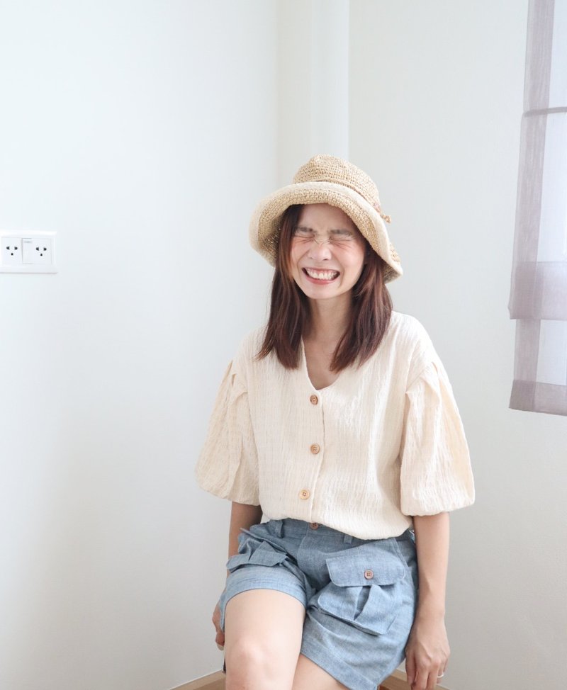 Muffin Top Cream Cotton - 女上衣/長袖上衣 - 棉．麻 白色