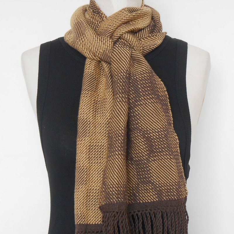 梭織 手工圍巾-100%美麗諾羊毛圍巾20深咖x秋黃 - 圍巾/披肩 - 羊毛 咖啡色