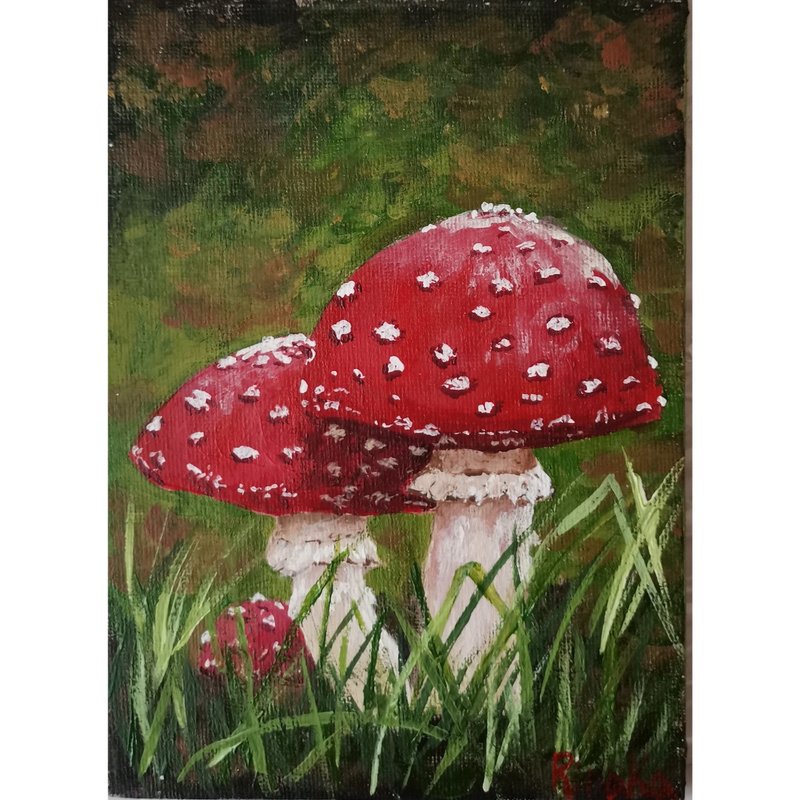 Woodland Fly Mushroom Original Art Small Format Hand Painted By RinaArtSK - Wall Décor - Other Materials Multicolor