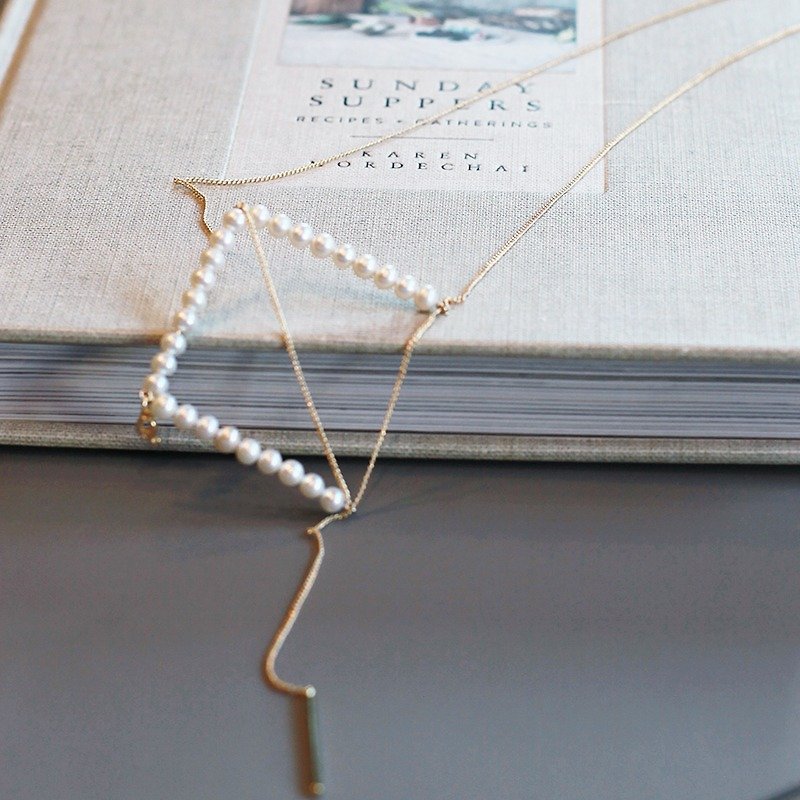 MissQueeny geometric series · Square / Natural pearl necklace long chain - Necklaces - Other Metals Gold