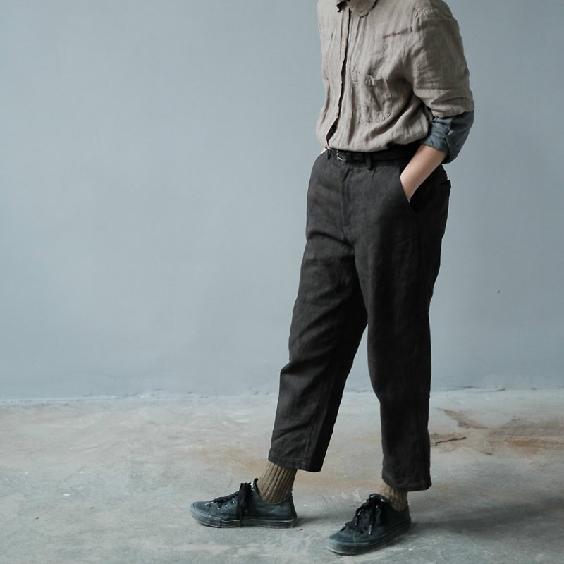 Incomplete | Maroon coffee color tea-dyed loose casual overalls natural plant-dyed casual long pants - กางเกงขายาว - ผ้าฝ้าย/ผ้าลินิน สีนำ้ตาล