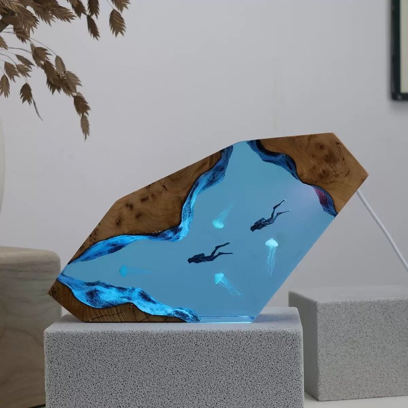 海底世界溶洞水母潛水員暢游 創意夜燈 - 燈具/燈飾 - 樹脂 藍色