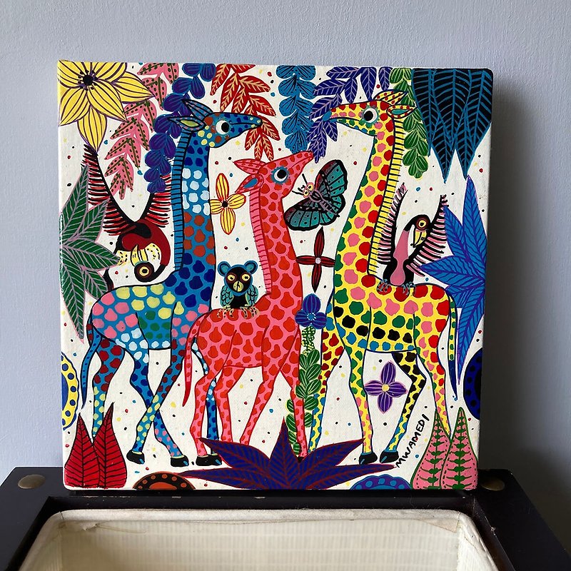 [U728 Giraffe Family-Mwamedi] African art shipped to Taiwan by air/20x20cm - โปสเตอร์ - วัสดุอื่นๆ 