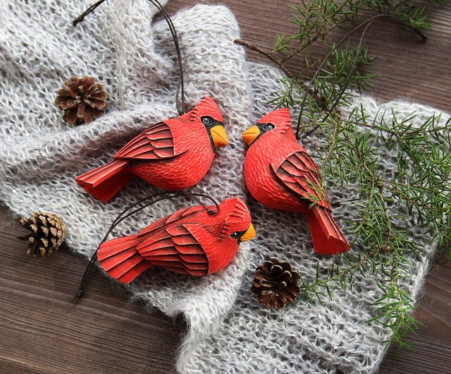 Wooden Cardinal ornament Wood carving Wood bird figurine Cristmas tree toys  - Shop Linden Bark Wall Décor - Pinkoi