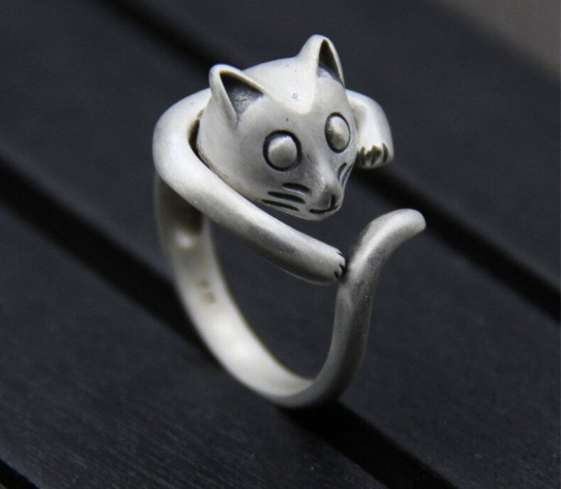 Real S 999 Silver Women Fine Jewelry Handmade Naughty Cat Opening Rings Lovely - แหวนทั่วไป - เงิน สีเงิน