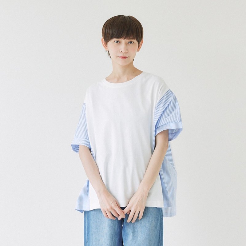 【Simply Yours】條紋拼接短袖T 白F - 女 T 恤 - 棉．麻 白色