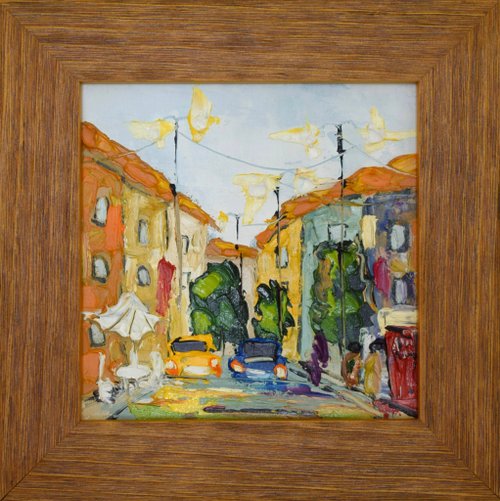 Oil painting by Feliks Kiselev 原創手繪油畫 色彩繽紛的城市街景 含實木畫框