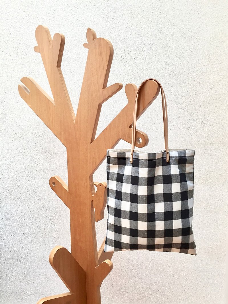 Reversible b&w checker and floral tote bag with leather straps.Limited. - Messenger Bags & Sling Bags - Cotton & Hemp Black