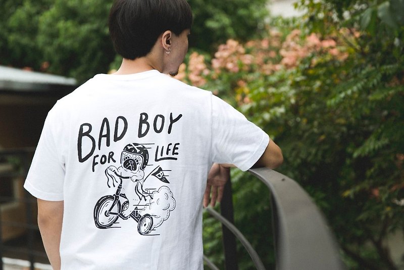 其他材質 男 T 恤 - SLOW & LOW Bad Boy 巴哥騎士成人Tee (經典白)