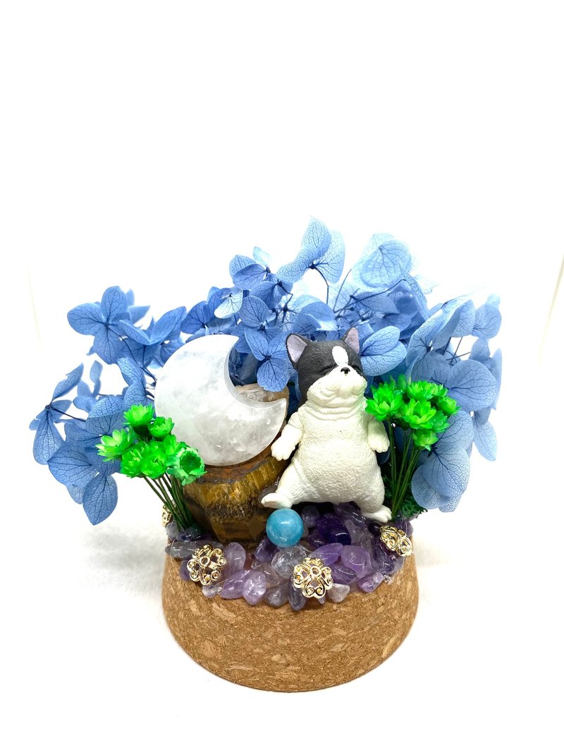 法鬥與白水晶月亮/虎眼石/海藍寶-水晶公仔乾燥花擺設 - 擺飾/家飾品 - 水晶 