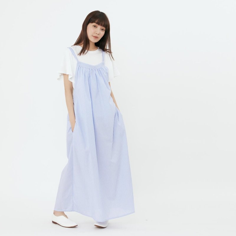 Jolly Pocket Suspender Skirt / Blue Stripe - ชุดเดรส - ผ้าฝ้าย/ผ้าลินิน สีน้ำเงิน