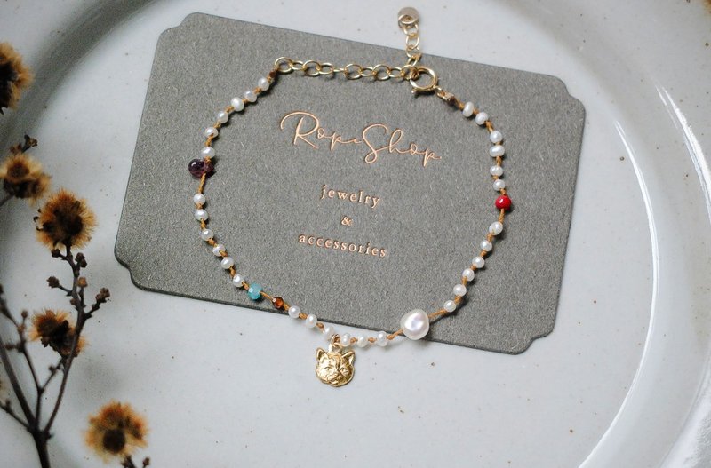 ROPEshop's 【Love a Cat】Antique Bronze Pearl Knot Bracelet. - Bracelets - Pearl Gold