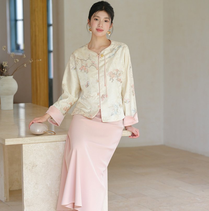 【玉瑤杏】新中式復古中國風 刺繡提花上衣/半裙 - 女上衣/長袖上衣 - 其他材質 粉紅色