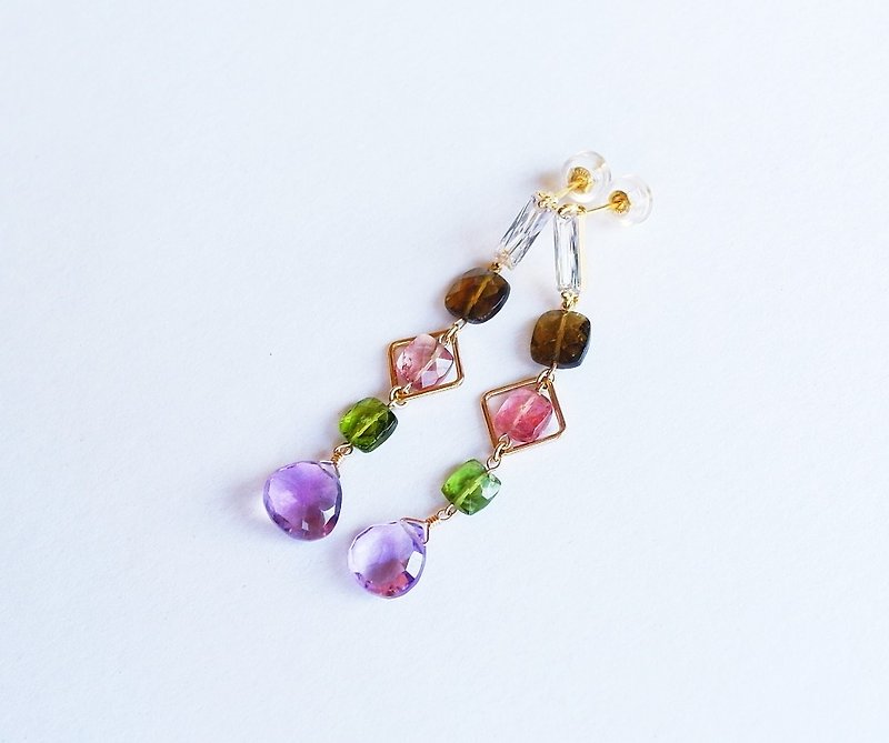 Candy Tourmaline Gem Ornate Earrings Wild Gifts Natural Stone Light Jewelry 14K GF - ต่างหู - เครื่องเพชรพลอย 